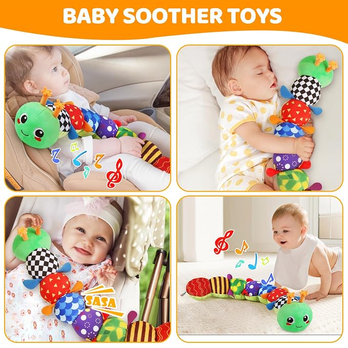 KMUYSL Baby Sensory Caterpillar Toys for 0-6 6-12 Months, Soft Plush Activity Toy with Crinkle, Rattle & Gentle Music, Tummy Time Toy for Infant Newborn, Early Development Toy Shower Gifts for Baby