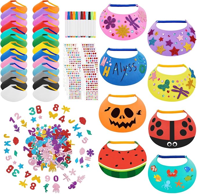 Outus 69 Pcs Assorted Craft Decorations with 48 Foam Visors for Kids, DIY Sun Visor Kit with Stickers & Markers for Arts & Crafts Activities (Classic Color)