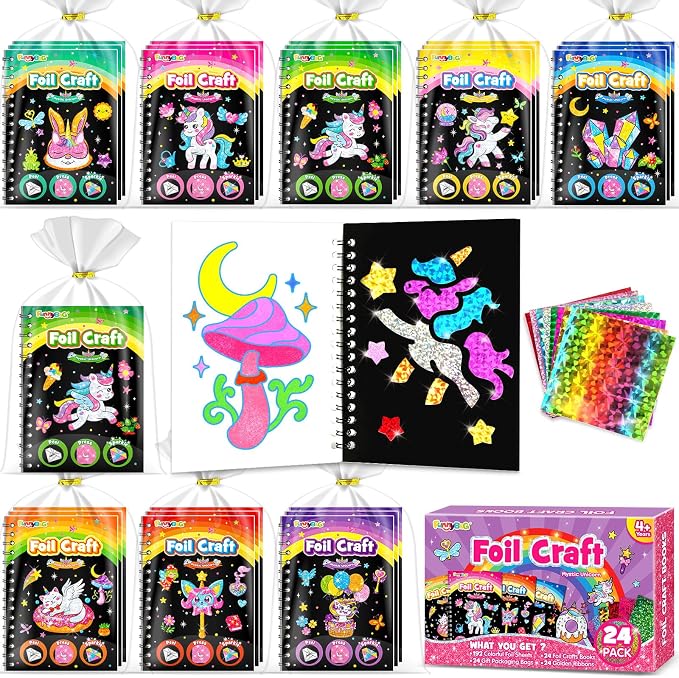 FUNNYB&G Foil Art Party Favors for Kids - 24 Pack Foil Art Crafts Kits Coloring Books, Goodie Bag Stuffers Party Favors for Kids 4-8 8-12, Bulk Birthday Classroom Prizes Girls Boys Gifts (Unicorn)