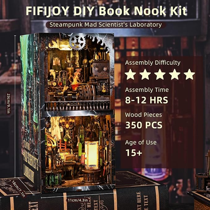 fifijoy Book Nook Kit - DIY Miniature House Dollhouse Kit for Adults and Teens, Steampunk Booknook Tiny House Bookshelf Decor 3D Wooden Puzzle (Mad Scientist Lab)