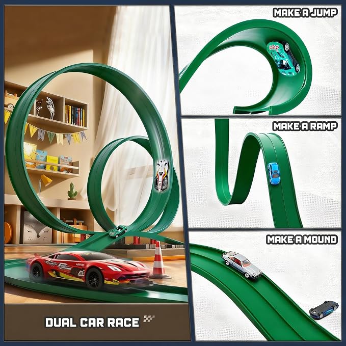 15.75 Ft Flex Track for Kids, Flexible Race Track Compatible with Hot Wheels and Diecast 1/64th Cars, Roll-Up Portable Race Car Ramp Track with Suction Cups & Track Anchors & 4 Race Cars, Green