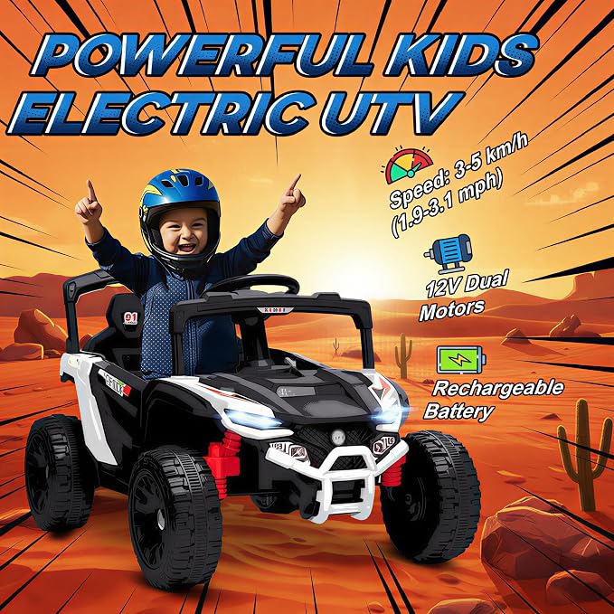 Qaba 12V Kids Ride On Car Truck, Battery Powered Electric UTV Vehicle with Rear Suspension, Remote Control, LED Lights, Music, Horn, Speed Up to 3.1 mph, for 3-5 Years Boys Girls, White