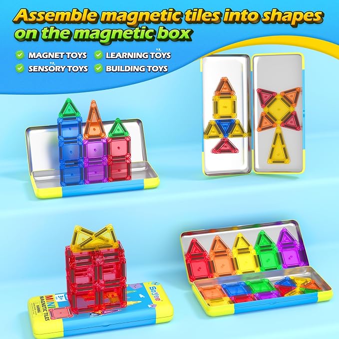 Soyee Mini Magnetic Tiles Travel Toddler Toys with Metal Tin Portable STEM Building Kids Toys for 3 4 5 6 7 8+ Years Old Boys & Girls & Birthday Gifts