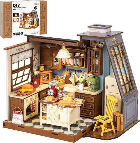 Rolife DIY Miniature House Kit for Adults, Baking Kitchen Mini Wooden Dollhouse Kit with LED Light Tiny House Diorama Building Kits Birthday Craft Hobbies Gift Home Decor for Teens Family