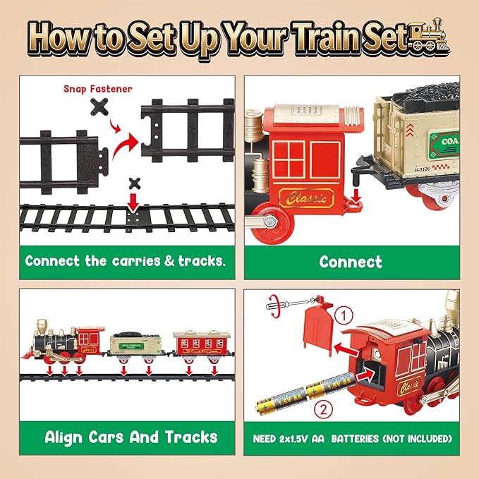 Classic Electric Train Set for Toddlers 3-8 – Battery Operated Push-Button Train with Lights & Sounds, No Remote, Ready-to-Play Locomotive + Snap Tracks