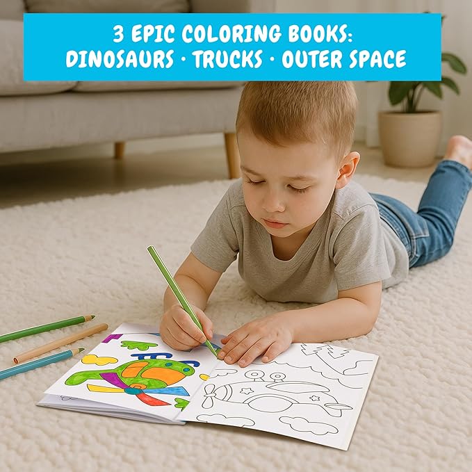 ZICOTO Fun Coloring Books for Kids Set of 3 - Exciting Dinosaur, Space & Trucks Coloring Book for Boys Ages 4-8 - Easy to Color Gift for Travel with Cute Themes for Your Creative Little Toddler 1-3