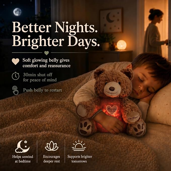 Breathing Teddy Bear Stuffed Animal for Anxiety Relief - Cuddly Breathing Plush with Calming Sounds and Gentle Light - Sleep Companion for Kids 3+, Teens and Adults - Machine Washable