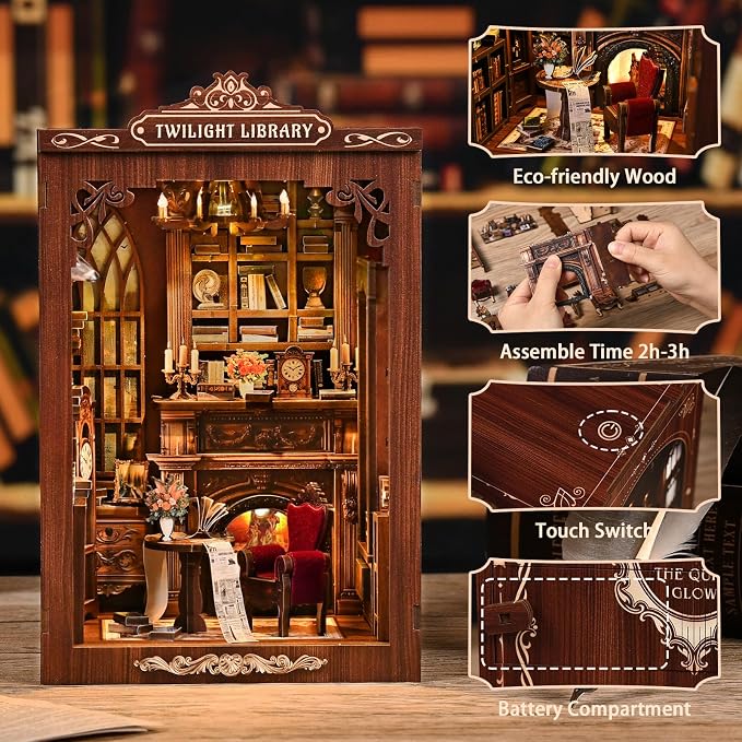 DIY Miniature House Kit, Library Book Nook Kit, 3D Wooden Puzzles Bookshelf Craft Kits, Dollhouse Kit with LED Light, Mini Building Kit for Adults Teen to Build (Twilight Library)