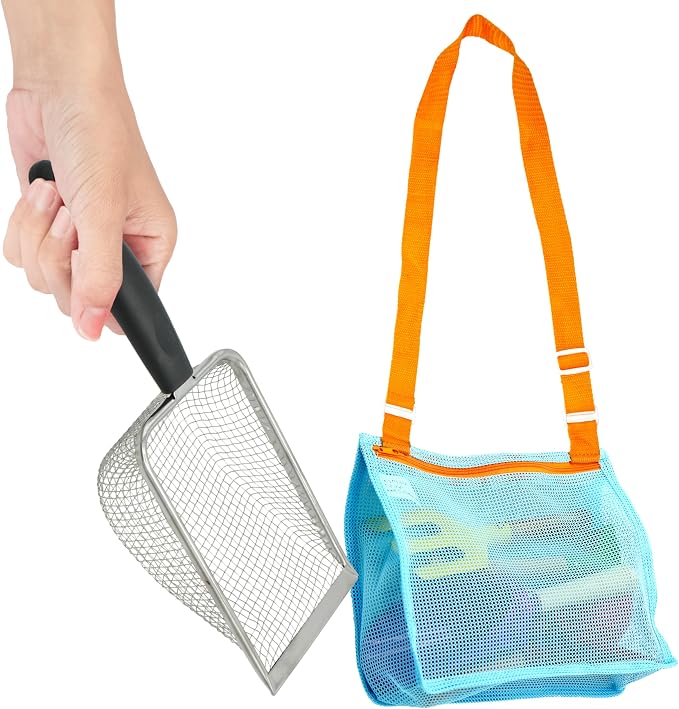 4E's Novelty Shark Tooth Sifter for Beach with Small Mesh Beach Bag for Shell Collecting, Metal Sand Scoop for Picking Up Shells - Beach Toys for Kids (1 Set)