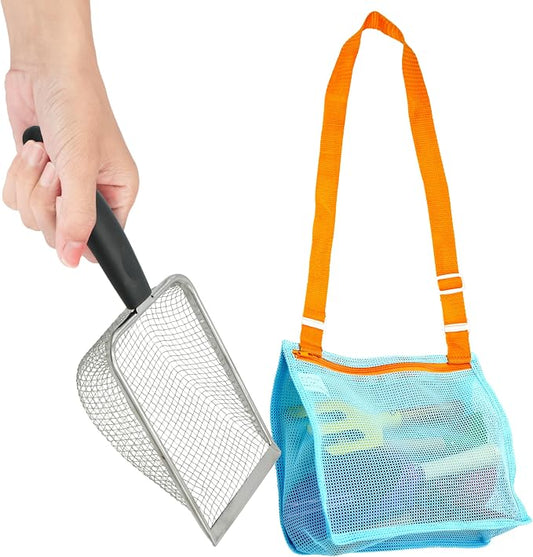 4E's Novelty Shark Tooth Sifter for Beach with Small Mesh Beach Bag for Shell Collecting, Metal Sand Scoop for Picking Up Shells - Beach Toys for Kids (1 Set)