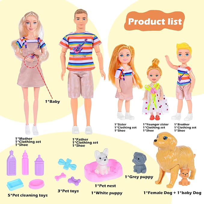 Family Dollhouse Dolls Playset - 6 People with Dollhouse Pets Included Pregnant Mom Dad 3 Kids and Accessories for 3-12 Years Old Toddlers Gift