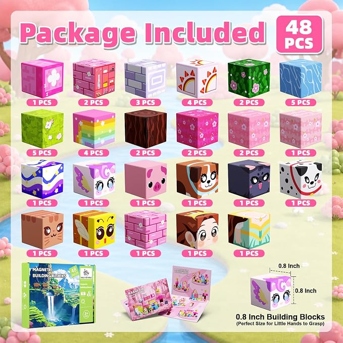 Magnetic Blocks, 48PCS Magnetic Building Cube Set for Kids Ages 3+, Constructions STEM Stacking Tiles Toy Building Birthday Gifts for Girls