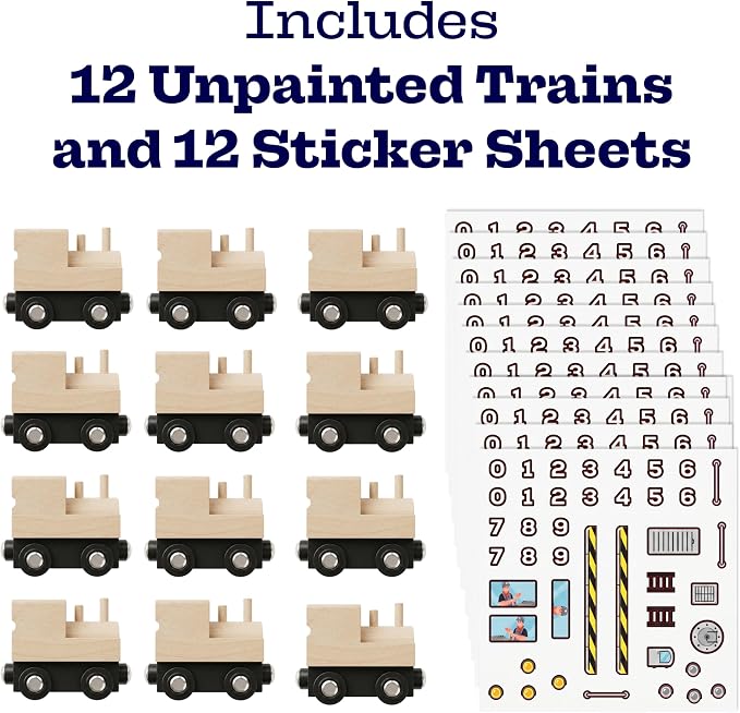 12 Pcs Unpainted Wooden Train And Stickers - Craft Kit – Magnetic Engines with 12 Sticker Sheets – Compatible with All Major Wooden Railway Brands – Art Project for Kids & Birthday Party Favors