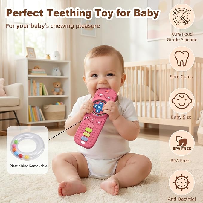 Teething Toys for Baby, Sensory Baby Chew Toy, Rattle Teether Toys for Babies 0-3-6-12 Months, Silicone TV Remote Control Shape for New Baby Gift (Pink)
