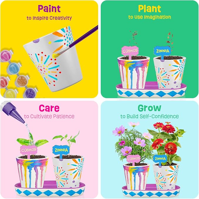 4 Set Paint & Plant Flower Gardening Kit - Gifts for Girls Ages 8-12, Arts and Crafts for Kids Ages 8-12, Kids Gardening Set, Toys Birthday Gifts for Kids Girls Boys Ages 6 7 8 9 10 11 12