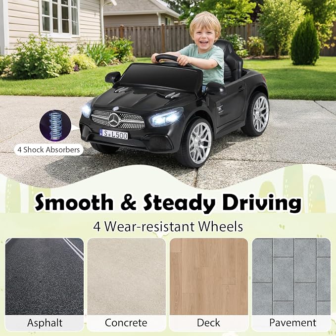 Costzon Ride On Car, 12V Licensed Mercedes Benz Electric Vehicles with Parent Remote Control, LED Headlights, Music & Wireless Connection, Kids Car for Boys Girls Aged 3-8 (SL500,Black)
