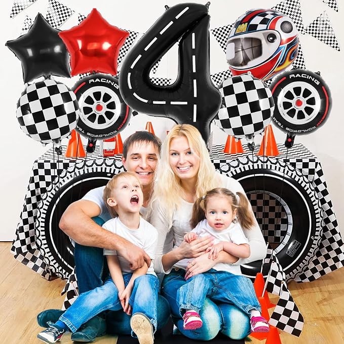 Race Car 4 Balloons, 40 Inch Racetrack Number 4 Balloon, Large Foil Mylar Racetrack Black 4 Balloon for 4 Year Old Birthday Race Car Themed Party Decoration