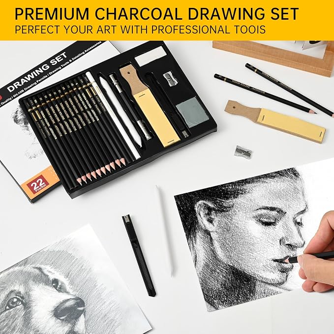 Drawing Sketch Pencil Set of 22 - Graphite Pencils (6H-10B), Black & White Charcoal Pencils, Art Pencil Kit for Sketching, Shading & Blending - Ideal for Artists, Adults, Teens, Beginners