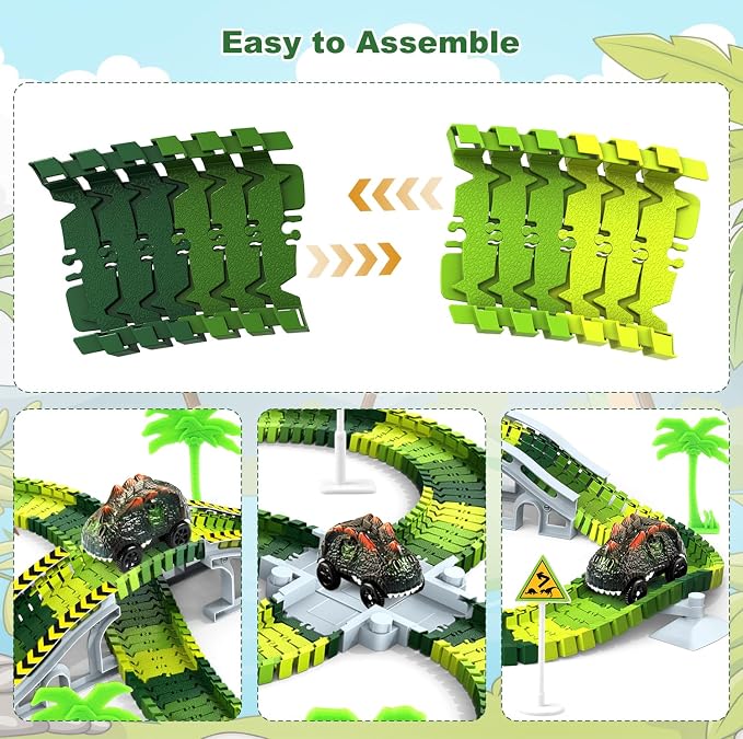 Dinosaur Toys for Kids 3-5, Glow in The Dark Flexible Train Track Playset, 2 Dinosaur Car for 3 4 5 6 7 Year & Up Old Boys & Girls Best Gift