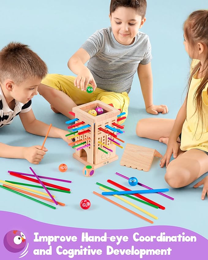 Montessori Board Game for Kids Ages 3-6, Safe Colorful Wooden Stick & Dice Toy, Fine Motor Skills Learning Game, Family Game for Kids & Adults, Educational Gift for Boys and Girls