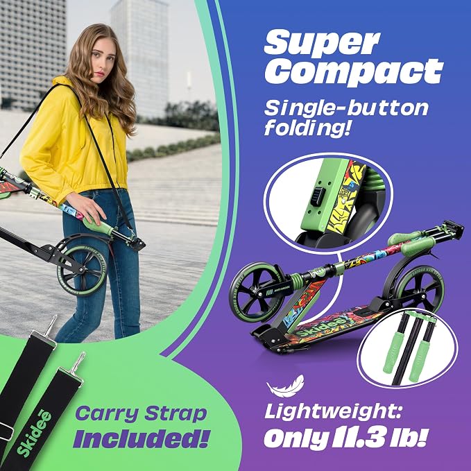Skidee Adult & Teen Scooter Adjustable Height, Folding, Large Wheels, Lightweight, Durable, Anti-Shock Suspension, Up to 220 lbs
