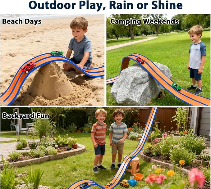 15 Ft Orange Flexible Race Car Track for Kids,Flex Track Starter Set Compatible with Hot Wheels and Diecast 1/64th Cars,Portable Racetrack Roll Up Race Track with 4 Racecars and Suction Cups