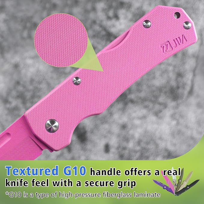 JIN Alpha Kids Pocket Knife, Fidget Toy, DIY Making Kit, Folding EDC, Fake Knives, Safe for Kids, Pink G10 Blade & Handle, Girls Gift, Camping Tool