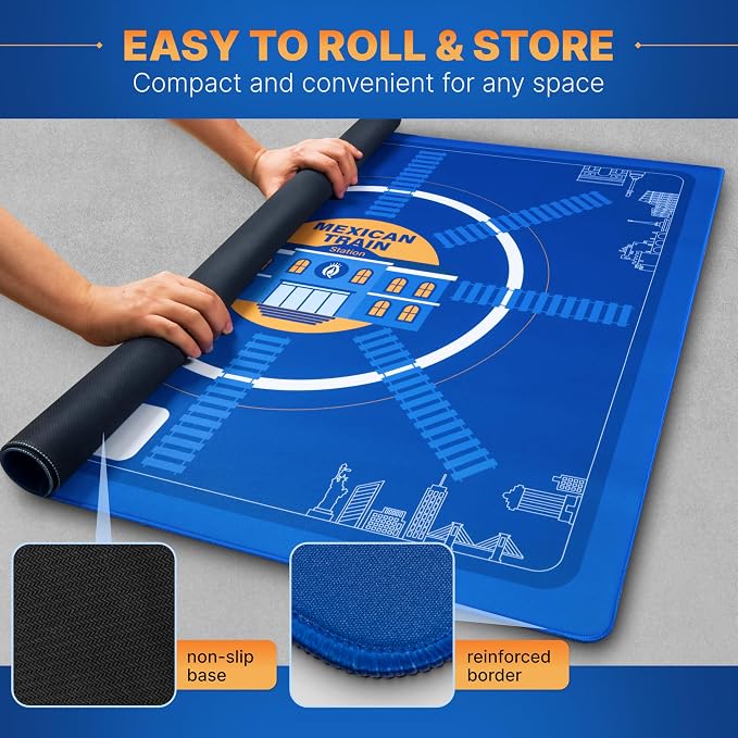 Queensell Mexican Train Dominoes Play Mat, 32" x 32" Non-Slip Gaming Surface, Mexican Train Accessories with Storage Bag, Printed Train Station Playfield, Easy to Clean & Roll Up