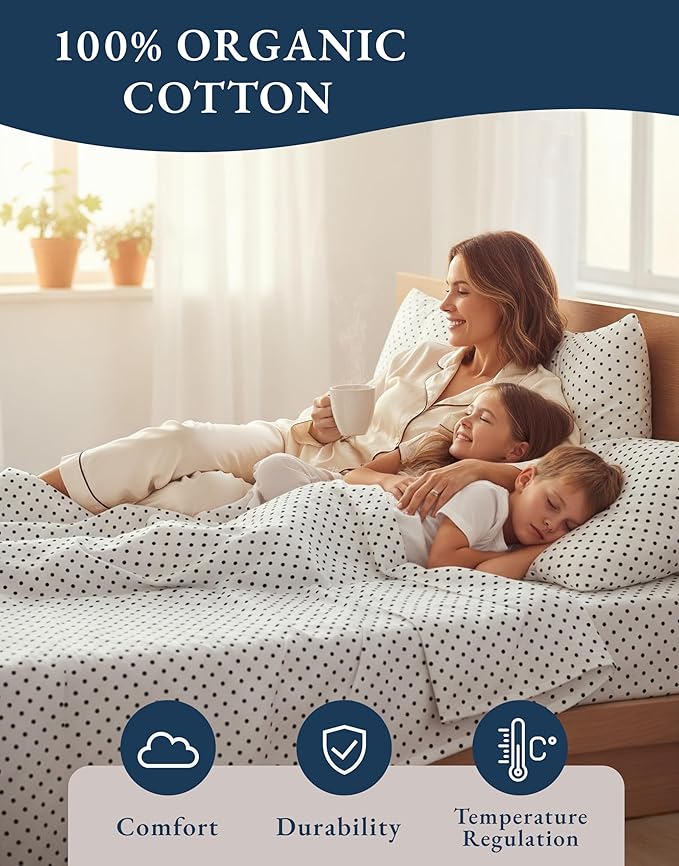 LANE LINEN Twin Sheets 100% Organic Cotton 3pc Percale Cooling - Polka Dot | Organic Cotton Percale Twin Sheet Set - Naturally Cooling & Lightweight, Cool All Summer, Cozy All Winter, Great For Gifting