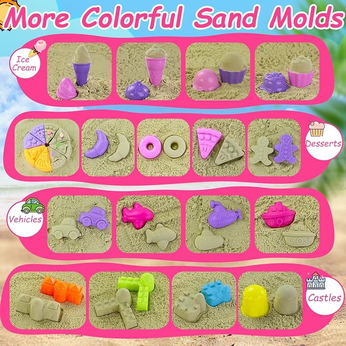 Elovien Beach Sand Toys, 50Pcs Sandbox Toys with 2 Collapsible Buckets, Mesh Backpack Bag, Shovels, Ice Cream, Cake & Castle Sand Molds, Summer Outdoor Travel Toys for Kids Toddlers Girls
