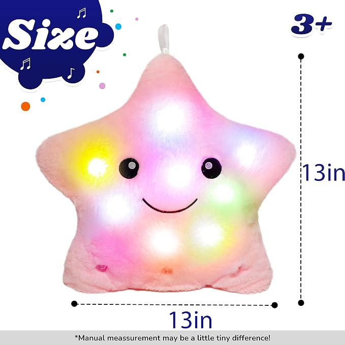 13" Musical Pink Star Plush Pillow Glowing Twinkle Night Light Stuffed Animal LED Toys Adjustable Volume Birthday for Girls Boys