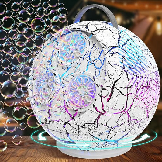 Bubble Machine for Kids 3+-45°/360° Rotating Bubble Blower with RGB LED Light,30000+ Bubbles Per Minute,Automatic Portable Bubble Maker for Boys Girls,Outdoor Party Easter Birthday Gifts (White Crack)
