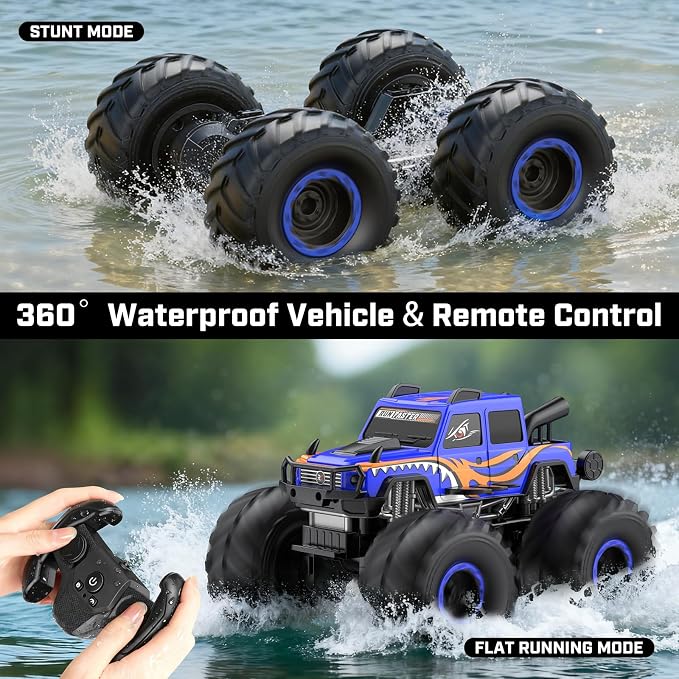 WayEee Remote Control Car Toys for Kids 6+, RC Car Waterproof Monster Truck Toys, Amphibious 4X4 Pickup, All Terrain Off-Road Vehicles, 2.4GHz Remote Control, 1/18 Scale RC Truck Boys Gifts/Blue