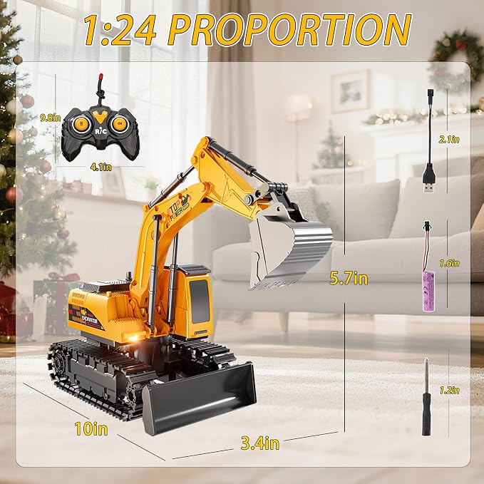 Remote Control Excavator for Boys 4-7, RC Excavator for Kids, 27 MHz Construction Trucks Vehicles Toys for Toddlers 1-3 3-5 4-7 with Metal Shovel and Light Birthday Boys Gifts