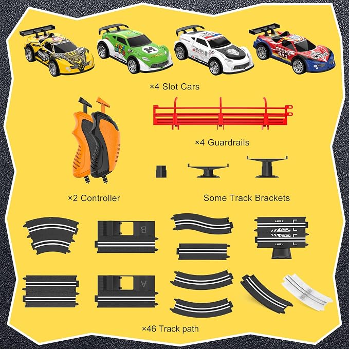 Slot Car Race Track Sets with 4 Slot Cars, 2 in 1 Electric Race Car Track Include Slope Circular Overpass Track, Dual Racing Game Featuring Flash Tracks, Gifts Toys for Boys Kids Age 6 7 8-12