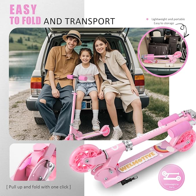 Kick Scooter for 3+Years Old Boys & Girls Lightweight, Foldable, Aluminum Frame, and Adjustable Handlebars, Rear Brake, and Flashing Light up Wheels