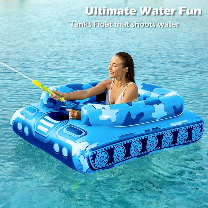 Tank Pool Floats Kids Adults - Jasonwell Inflatable Pool Floaties Swimming Pool Tank with Water Cannon Gun Swim Floaty Rafts Lake Beach Party Pool Toys for Boys Girls Toddlers Kids Adults (Blue, L)