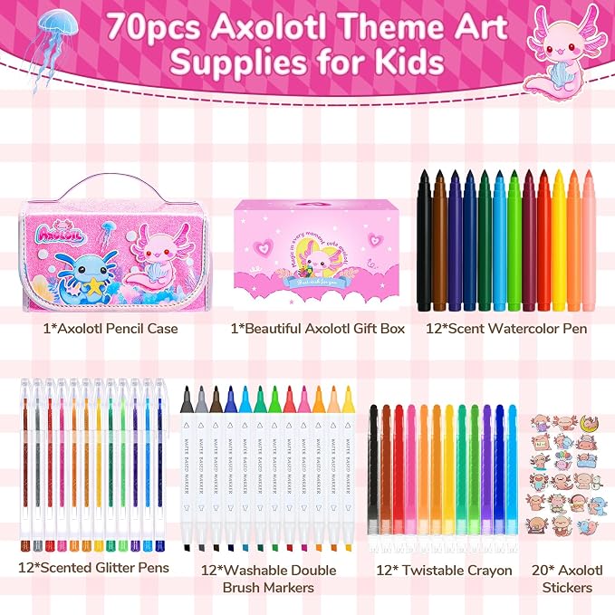 Axolotl Arts and Crafts for Girls Ages 4-5-6-7-8, 70 PCS Art Supplies Set with Kawaii 3D Pink Pencil Case, Washable Dual Markers, Scented Gel Pens, Twist-up Crayons & Axolotl Stickers, Birthday Gift