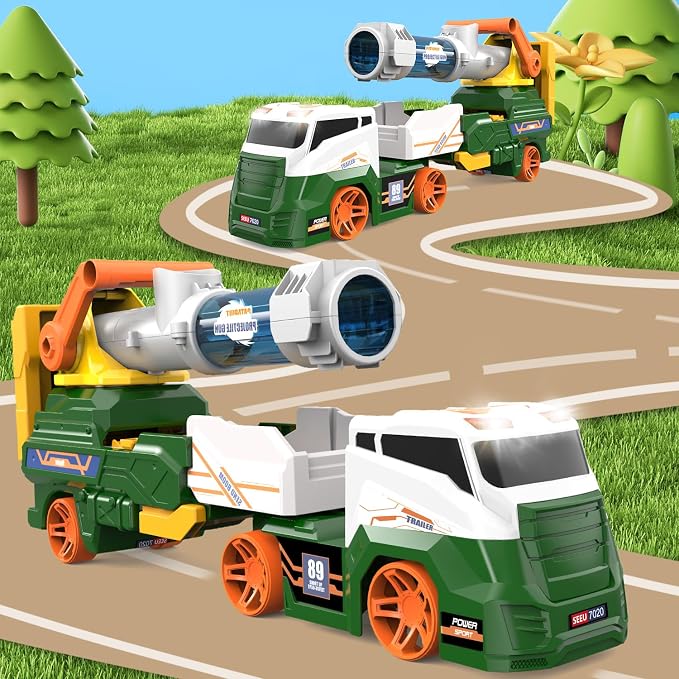 Dwi Dowellin Trucks Toys for Kids, 28" Large Car Toys Include 4 Racing Cars+6 Ball, with Light & Sounds, Eejection&Shooting Transport Cars Toy Truck, Birthday Gifts for Boys Girls-Green