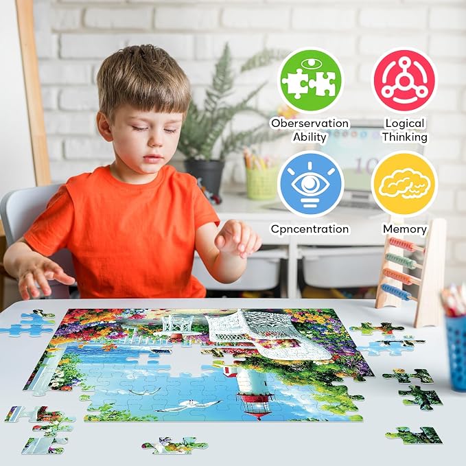 Jeacirio 100 Piece Puzzles for Adults and Seniors, Lighthouse Coastal Jigsaw Puzzle, Colorful Ocean View with Flowers and Seaside Garden, Easy Beginner Puzzle, Large Piece Puzzle Gift for Older Adults