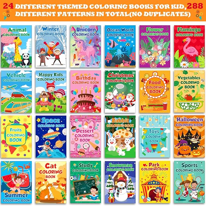 Mczan 24 Pack Mini Coloring Books for Kids Ages 4-8, 8-12 –Bulk Small Coloring Books for Party Favors, Birthday Gifts, Classroom Rewards, Travel Activities Includes Car, Toy, Christmas, Summer Themes
