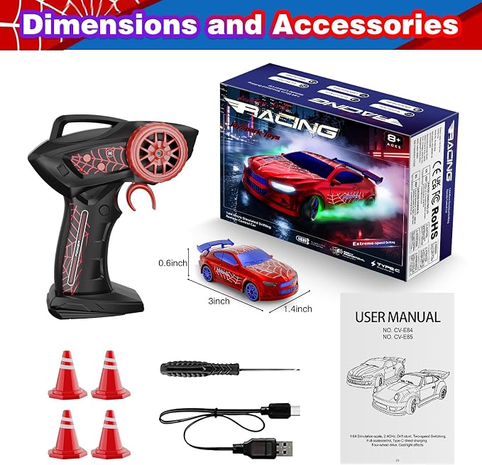 Mini RC Drift Car 1:64 Scale, Remote Control Car with LED Lights & 2-Speed Modes, 2.4GHz Stunt Drifting RC Toys with 4 Obstacles, Hobby Gift for Kids & Adults, Red