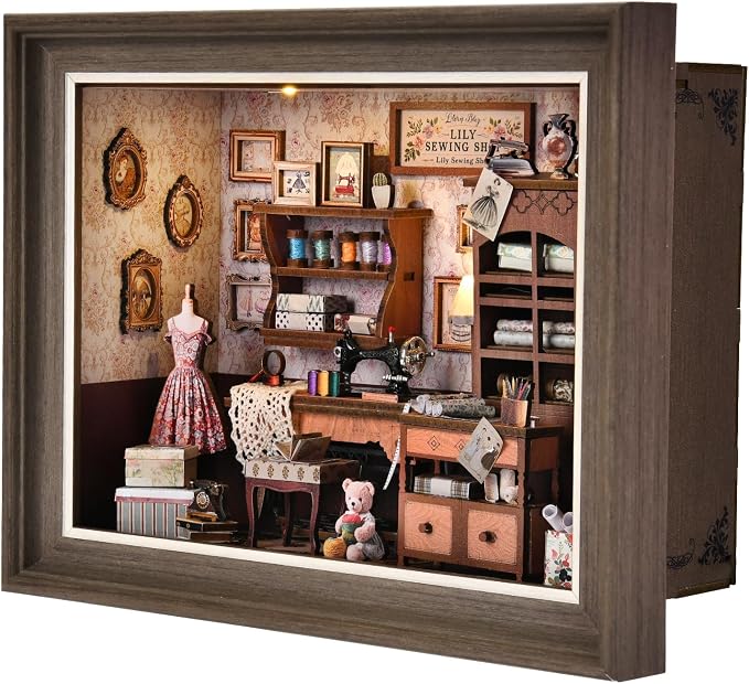 Book Nook Kit - 3D Wooden Puzzle with LED Switch Control & Wall-Mountable Frame，DIY Miniature House for Beginners，Bookshelf/Tabletop/Wall Decor for Craft Lovers，Dollhouse Gift (Lily Sewing Shop)