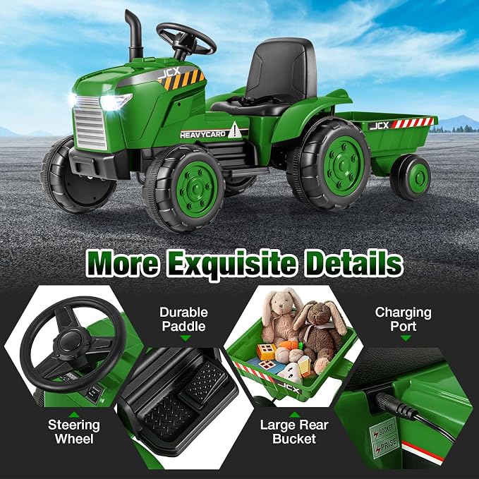 Costzon 2-in-1 Ride on Tractor, 12V Kids Ride on Car w/Detachable Trailer, Remote Control, Wireless Connection, Horn, Music/Lights/Spring Suspensions, Tractor Toys for Kids (Plastic Tires, Dark Green)