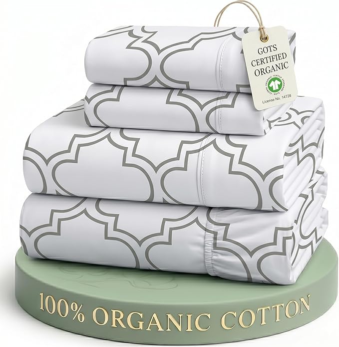 LANE LINEN King Sheets 100% Organic Cotton 4pc Percale Cooling - Trellis | Organic Cotton Percale King Sheet Set - For Hot Sleepers, All-Season Comfort, For Master Bedrooms, Crisp Hotel-Style Feel