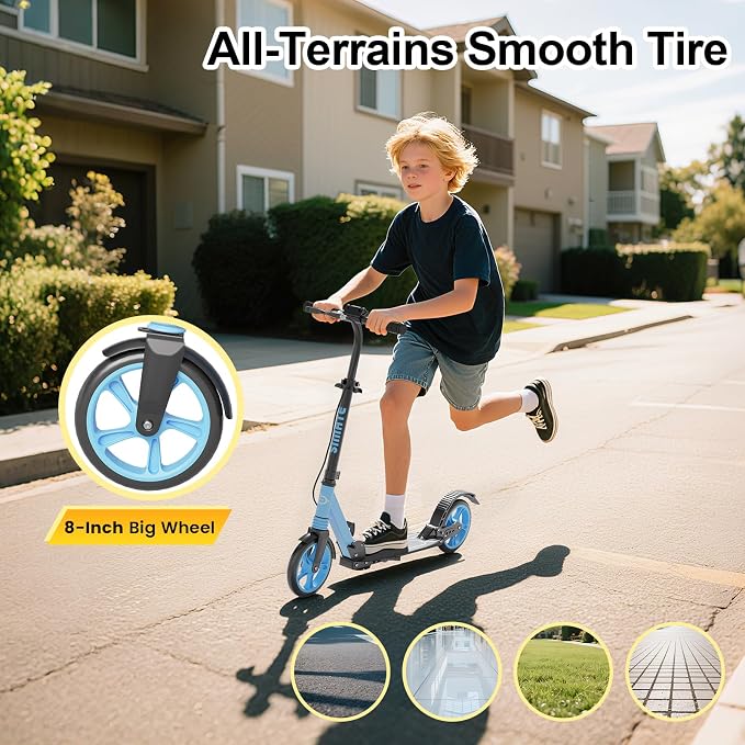 SIMATE Kick Scooter for Kids Teens & Adults, 4 Adjustable Heights, 8IN All Terrain Big Wheels, Dual Brakes & Dual Suspension, Foldable and Lightweight, Gifts for Girls Boys