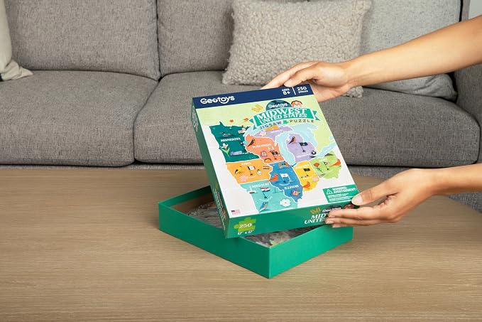 Geotoys Midwest Region Jigsaw Puzzle - Educational and Interactive Map Game - 250 Piece Puzzles - Jigsaw Puzzles for Kids Ages 8-12 - Kids Puzzle Games with Colorful Landmarks