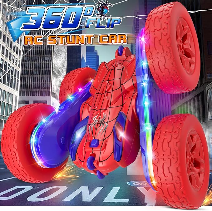 Jimdella Spider RC Cars Toys for Boys 4-6, 2.4GHz Remote Control Car with 26 LED Light System, 360° Flips, Changeable Wheels, Rechargeable All-Terrain Truck Gift for Kids Ages 4-8