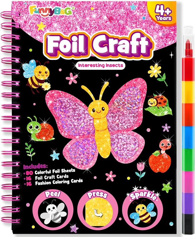 FUNNYB&G Foil Art Craft Kit for Girls 4-10 Years Old: Mess-Free & No-Glue, Create 16 Sparkly Interesting Insects Pictures – Perfect Travel Toy & Birthday Gift for Kids (Insects)