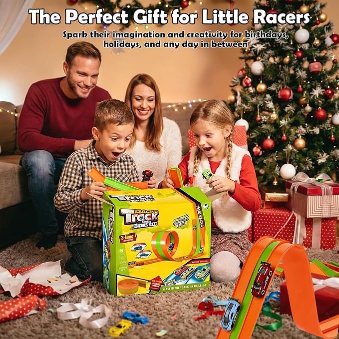 16ft Flex Track, Flexible Race Track for Kids 3-5 Year Old with 4 Pull-Back Cars, Portable Roll Up Racing Car Tracks for Toddlers, Birthday Gifts for Boys Girls (3 Lane - Green & Orange)
